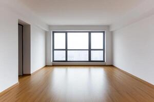 Modern empty apartment with large windows showcasing a view of the city skyline photo