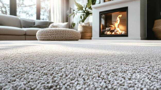 Cozy living room with soft carpet and a warm fireplace creating a relaxing atmosphere in the afternoon light photo