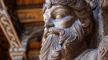 Wood carving of a bearded king figure showcasing intricate details in an ornate architectural setting photo