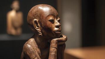 Intricate wooden sculpture of a thoughtful figure displayed in a serene museum setting photo
