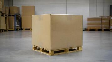 Large cardboard box on wooden pallet in warehouse storage area during daytime photo