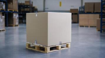 Large cardboard box on a wooden pallet in a warehouse during daytime with organized shelving in the background photo