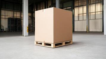 Large cardboard box on a wooden pallet inside a spacious warehouse during daylight hours photo
