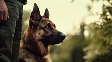 German Shepherd dog stands beside handler in a park during a calm evening photo