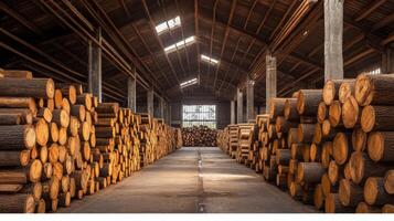 Wood drying facility showcasing neatly stacked logs in a spacious warehouse during daylight hours photo