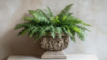 Elegant green ferns arranged in an ornate stone planter on a textured wall background photo