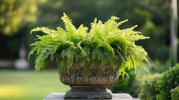 Elegant fern plant in a decorative stone planter surrounded by lush greenery in a serene outdoor setting photo