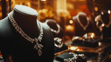 Elegant jewelry display showcasing exquisite necklaces and earrings in a luxurious setting during evening hours photo