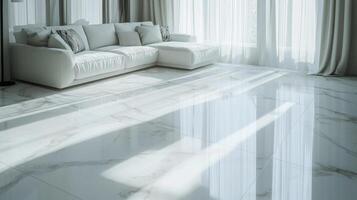 Bright and airy living room with marble floors and natural light in a modern home setting photo