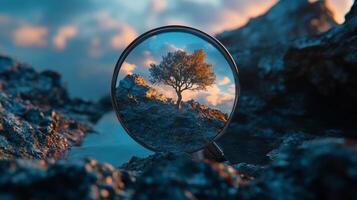 Magnifying glass reflects a solitary tree against a stunning sky at sunset in a rocky landscape photo