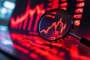 Stock market data displayed under magnifying glass showing red trend lines and fluctuations in value in a trading environment photo