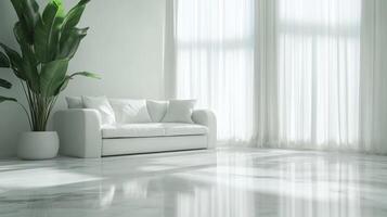 Bright and spacious living room with a modern white sofa and large windows, featuring elegant curtains in a minimalist design photo