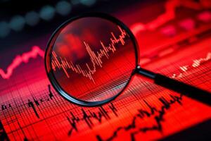 Visualizing market trends with magnifying glass on financial data charts in red hues photo