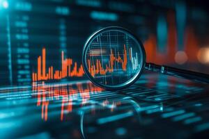 Market analysis with magnifying glass highlighting stock trends in financial data at night photo