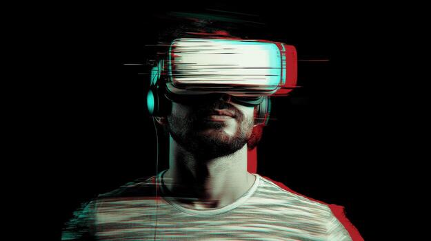 Person experiencing virtual reality with headset, engaging in immersive technology exploration in a dark environment photo