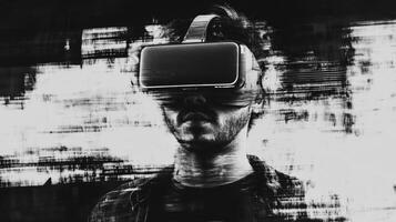 Person using virtual reality headset in an abstract and dynamic environment photo