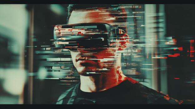 Virtual reality experience in a futuristic setting showcasing immersive technology and human interaction with digital elements photo