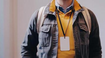 Individual wearing a yellow sweater and denim jacket with a badge in a modern setting while preparing for an event photo