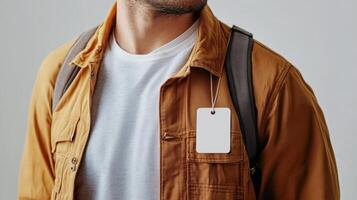 Young adult wearing a brown jacket with a blank tag on the shoulder and a backpack in a minimalistic indoor space photo