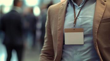 Professional networking event showcasing attendees in formal attire with identification badges at a corporate venue photo