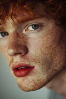 Model showcases striking features with tousled red hair and freckled skin in a close-up portrait expressing subtle emotion photo