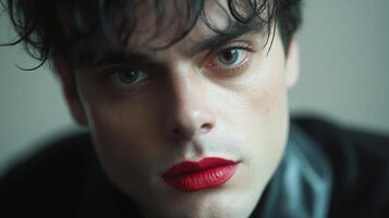 Close-up portrait of a young man with vivid red lipstick showcasing expressive eyes and textured hair during a fashion-inspired shoot photo