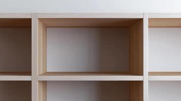 Modern wooden shelving unit with empty cubbies in contemporary home decor setting photo