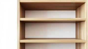 Minimalist wooden shelving unit with empty shelves ready for decoration or storage photo