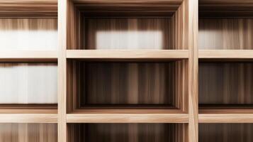 Wooden shelf design showcasing empty compartments arranged in a modern interior setting photo