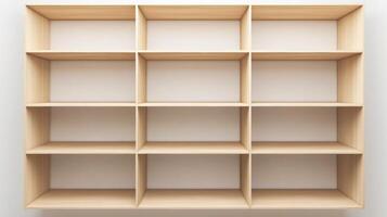 Modern wooden shelving unit with twelve compartments for organization and storage in a minimalist setting photo