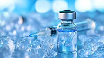 Vaccine vial on ice with syringe ready for administration in a medical setting photo