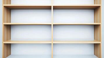Empty wooden shelving unit ready to be filled with books and decorative items in a bright room photo