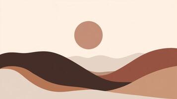 Warm earthy landscape with a soft sun setting over rolling hills and gentle curves in neutral tones photo