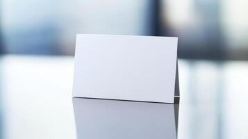 Blank card on a reflective surface in an office setting during daylight hours photo