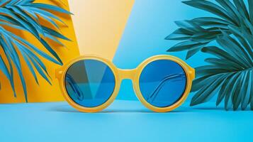 Colorful sunglasses on a vibrant background with tropical leaves during a bright summer day photo