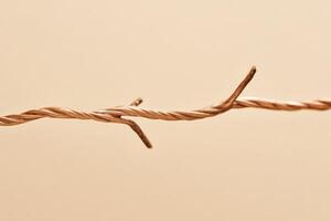 Twisted wire hangs against a plain background, showcasing intricate detail and texture photo
