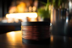 Copper wire coils positioned on a glossy surface in a softly lit workshop during the evening hours photo