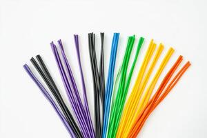 Colorful strands of plastic coated wire arranged neatly in a rainbow pattern on a white background photo