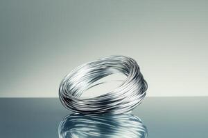 Twisted silver wire sculpture reflecting light in a minimalist studio setting photo