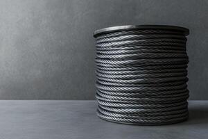 Metal wire coil rests on a gray surface in an industrial setting, highlighting strength and durability in construction applications photo