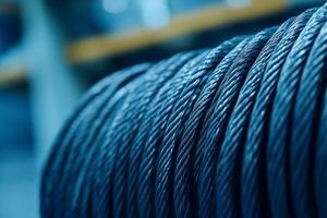 Heavy-duty steel wire rope coiled and ready for industrial use in a workshop environment photo