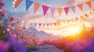 Colorful bunting flutters above a vibrant flower field at sunset creating a festive atmosphere for an outdoor celebration photo