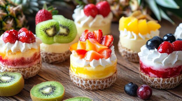 Delicious fruit desserts displayed on a rustic wooden table with vibrant toppings and colorful arrangements photo