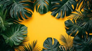 Vibrant tropical leaves arranged on a bright yellow background creating a lively and refreshing atmosphere photo