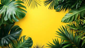Lush green tropical leaves framing a vibrant yellow backdrop in a summer-inspired setting photo