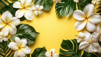 Bright tropical flowers and lush green leaves arranged on a vibrant yellow background create a lively natural decor photo