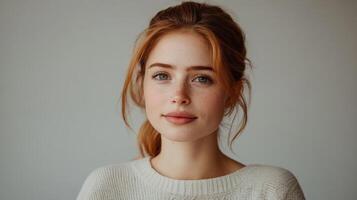 Young woman with red hair and freckles poses gracefully against a neutral backdrop in soft lighting photo