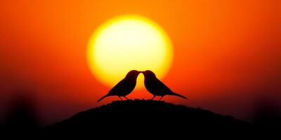 Silhouetted birds touching beaks against a vibrant sunset backdrop in a serene natural setting photo