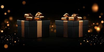 Luxurious black gift boxes with golden ribbons against a dark backdrop and glowing bokeh lights photo