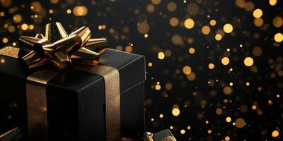 Elegant black gift box with golden ribbon against a sparkling bokeh background for celebration photo